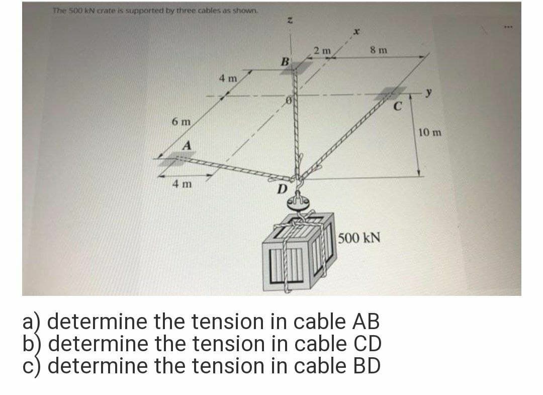 The 500 kN crate is supported by three cables as shown.
2 m
8 m
4 m
y
6 m
10 m
A
4 m
500 kN
a) determine the tension in cable AB
b) determine the tension in cable CD
c) determine the tension in cable BD
