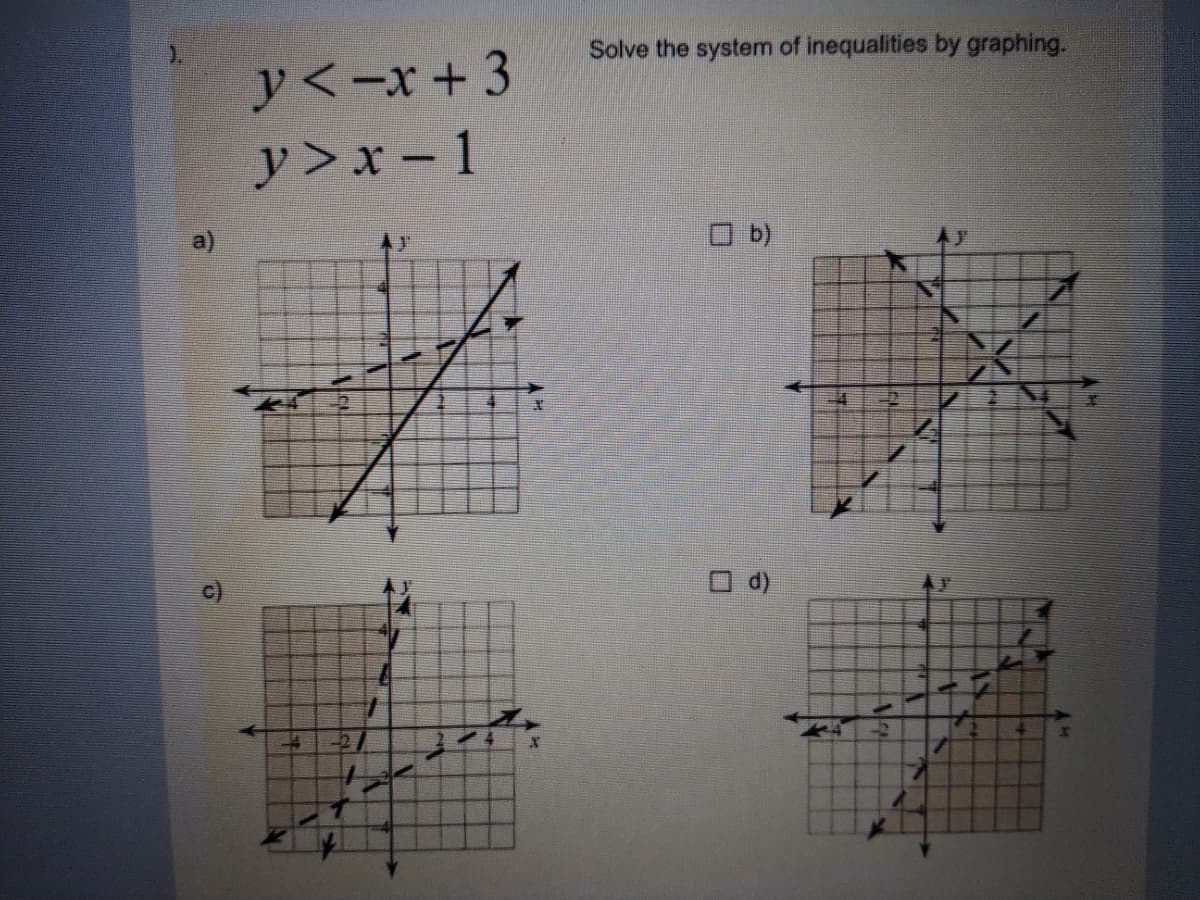 Solve the system of inequalities by graphing.
y<-x+3
y > x – 1
c)
本)
-2.
