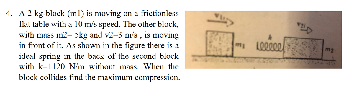 4. A 2 kg-block (ml) is moving on a frictionless
flat table with a 10 m/s speed. The other block,
with mass m2= 5kg and v2=3 m/s , is moving
in front of it. As shown in the figure there is a
ideal spring in the back of the second block
m1
Leeeee
m2
with k=1120 N/m without mass. When the
block collides find the maximum compression.
