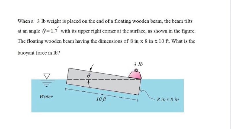 When a 3 Ib weight is placed on the end of a floating wooden beam, the beam tilts
at an angle 0= 1.7 with its upper right corner at the surface, as shown in the figure.
The floating wooden beam having the dimensions of 8 in x 8 in x 10 ft. What is the
buoyant force in Ib?
3 Ib
Water
10 ft
8 in x 8 in
