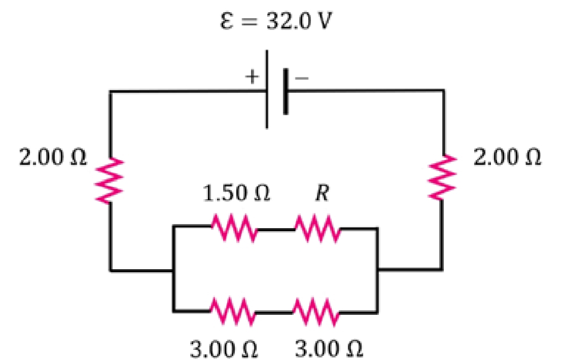 E = 32.0 V
%D
+
2.00 N
2.00 N
1.50 N
R
3.00 N
3.00 N
