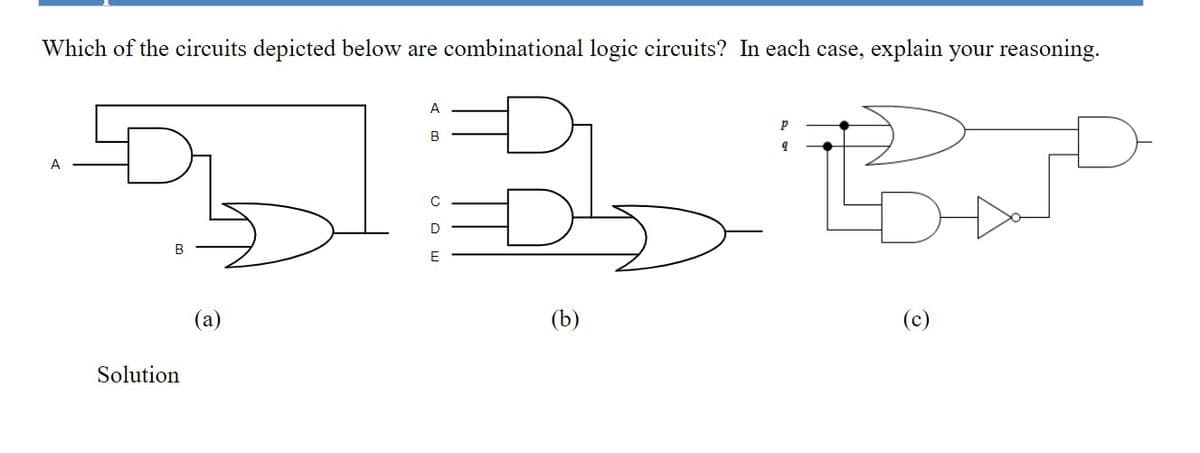 Which of the circuits depicted below are combinational logic circuits? In each case, explain your reasoning.
A
B
A
B
E
(a)
(b)
Solution
