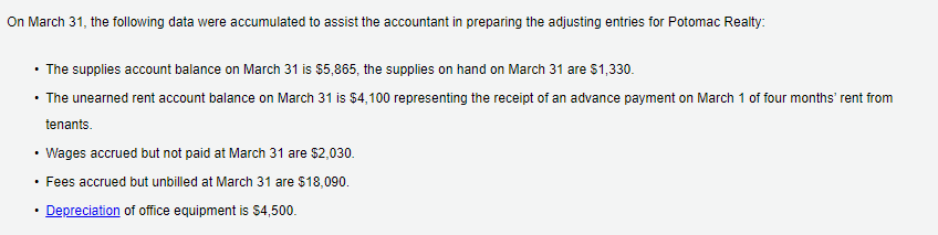 On March 31, the following data were accumulated to assist the accountant in preparing the adjusting entries for Potomac Realty:
• The supplies account balance on March 31 is $5,865, the supplies on hand on March 31 are $1,330.
• The unearned rent account balance on March 31 is $4,100 representing the receipt of an advance payment on March 1 of four months' rent from
tenants.
Wages accrued but not paid at March 31 are $2,030.
• Fees accrued but unbilled at March 31 are $18,090.
Depreciation of office equipment is $4,500.
