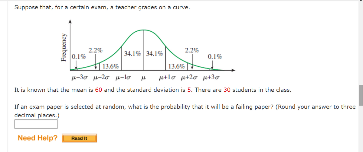 Suppose that, for a certain exam, a teacher grades on a curve.
2.2%
2.2%
34.1% 34.1%
0.1%
0.1%
13.6%
13.6%
μ-3σ μ-2σ μ-Ισ
u+lo u+20 u+3o
It is known that the mean is 60 and the standard deviation is 5. There are 30 students in the class.
If an exam paper is selected at random, what is the probability that it will be a failing paper? (Round your answer to three
decimal places.)
Need Help?
Read It

