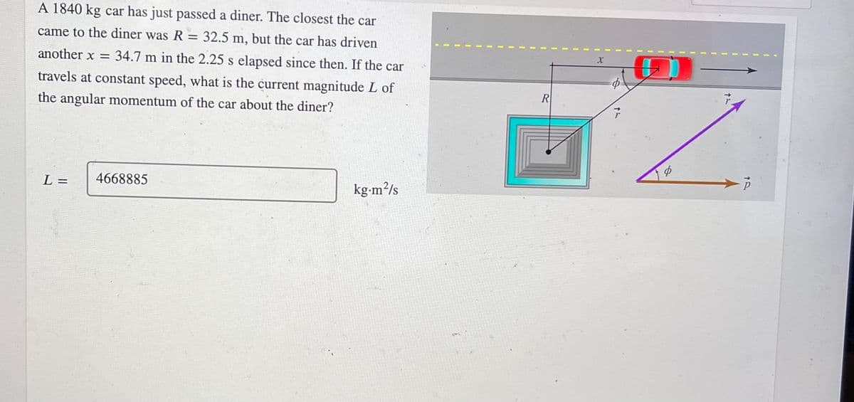 A 1840 kg car has just passed a diner. The closest the car
came to the diner was R = 32.5 m, but the car has driven
%3D
another x = 34.7 m in the 2.25 s elapsed since then. If the car
travels at constant speed, what is the current magnitude L of
R
the angular momentum of the car about the diner?
L =
4668885
kg-m²/s
