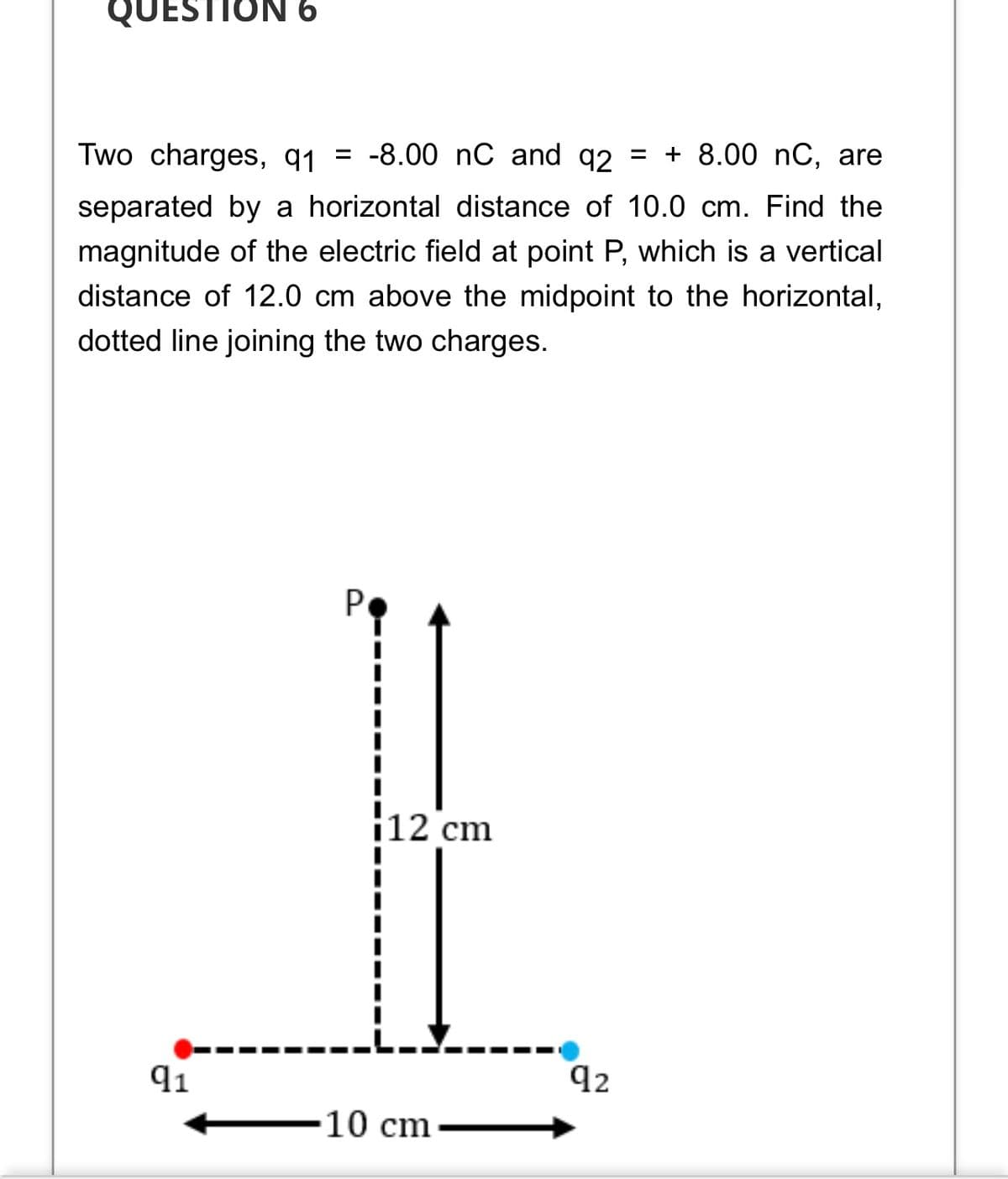 QUESTION 6
Two charges, q1 = -8.00 nC and q2 =
+ 8.00 nC, are
separated by a horizontal distance of 10.0 cm. Find the
magnitude of the electric field at point P, which is a vertical
distance of 12.0 cm above the midpoint to the horizontal,
dotted line joining the two charges.
P
12 cm
91
q2
10 cm
