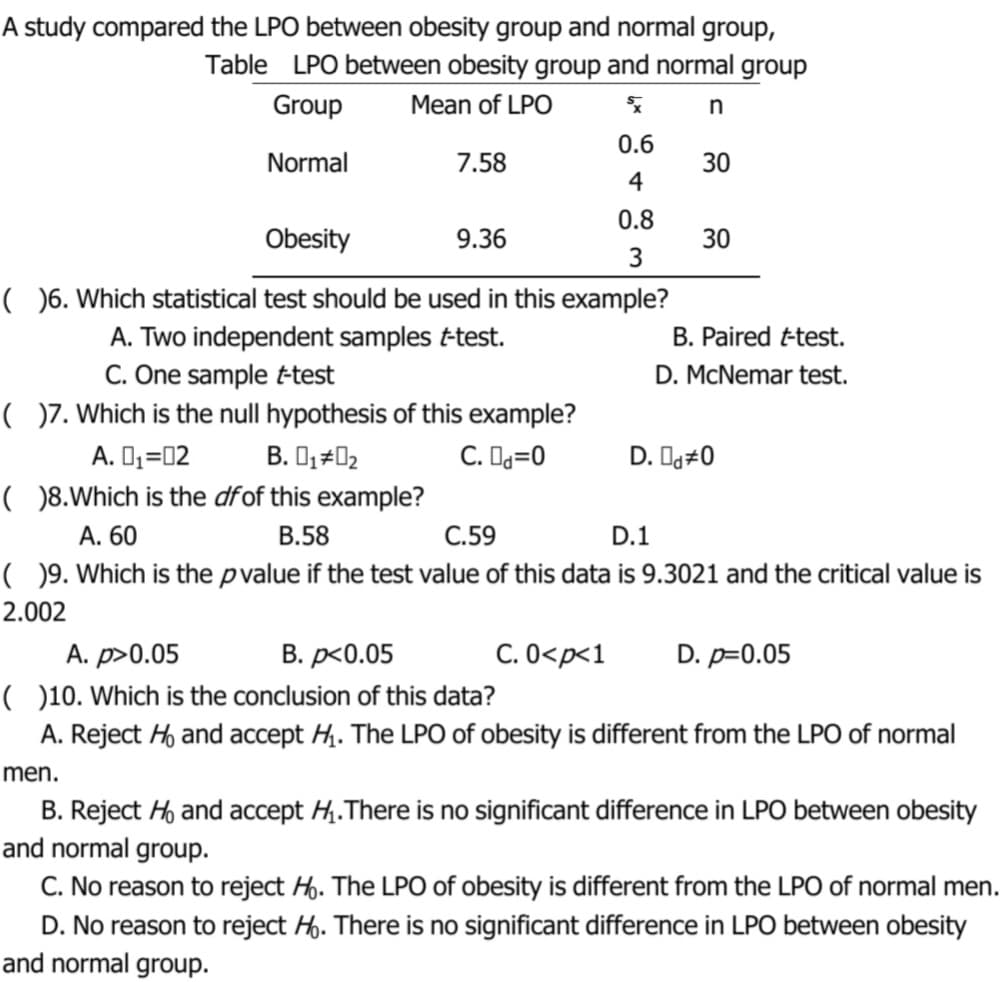 A study compared the LPO between obesity group and normal group,
Table LPO between obesity group and normal group
Group
Mean of LPO
n
0.6
Normal
7.58
30
4
0.8
Obesity
9.36
30
3
6. Which statistical test should be used in this example?
A. Two independent samples ttest.
B. Paired ttest.
C. One sample t-test
( )7. Which is the null hypothesis of this example?
D. McNemar test.
A. O;=02
B. D,#02
C. Og=0
D. Og#0
( )8.Which is the dfof this example?
А. 60
В.58
С.59
D.1
( ) 9. Which is the pvalue if the test value of this data is 9.3021 and the critical value is
2.002
В. р<0.05
С. 0<р<1
A. p>0.05
( ) 10. Which is the conclusion of this data?
A. Reject H, and accept H. The LPO of obesity is different from the LPO of normal
D. p=0.05
men.
B. Reject H and accept H..There is no significant difference in LPO between obesity
and normal group.
C. No reason to reject H. The LPO of obesity is different from the LPO of normal men.
D. No reason to reject H. There is no significant difference in LPO between obesity
and normal group.
