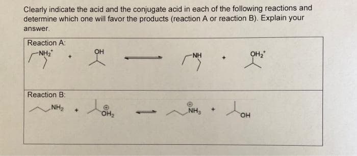 Clearly indicate the acid and the conjugate acid in each of the following reactions and
determine which one will favor the products (reaction A or reaction B). Explain your
answer.
Reaction A:
NH2
OH
NH
OH2
Reaction B:
NH2
OH2
NH,
он
