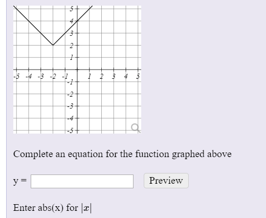 -5 -4 -3 -2 -1
-2
-3
-4
Complete an equation for the function graphed above
y =
Preview
Enter abs(x) for |æ|
4.
dla
