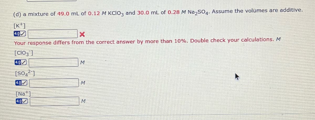 (d) a mixture of 49.0 mL of 0.12 M KCIO3 and 30.0 mL of 0.28 M Na₂SO4. Assume the volumes are additive.
[K+]
4.0✔
X
Your response differs from the correct answer by more than 10%. Double check your calculations. M
[ClO3]
4.0
[SO4²-]
4.0
[Na]
4.0
M
M
M