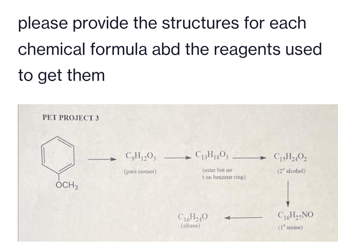please provide the structures for each
chemical formula abd the reagents used
to get them
PET PROJECT 3
OCH 3
C₂H1203
(para isomer)
C13H1803
(ester but no
t on benzene ring)
C16H240
(alkene)
C15H₂402
(2° alcohol)
C16H27NO
(1° amine)