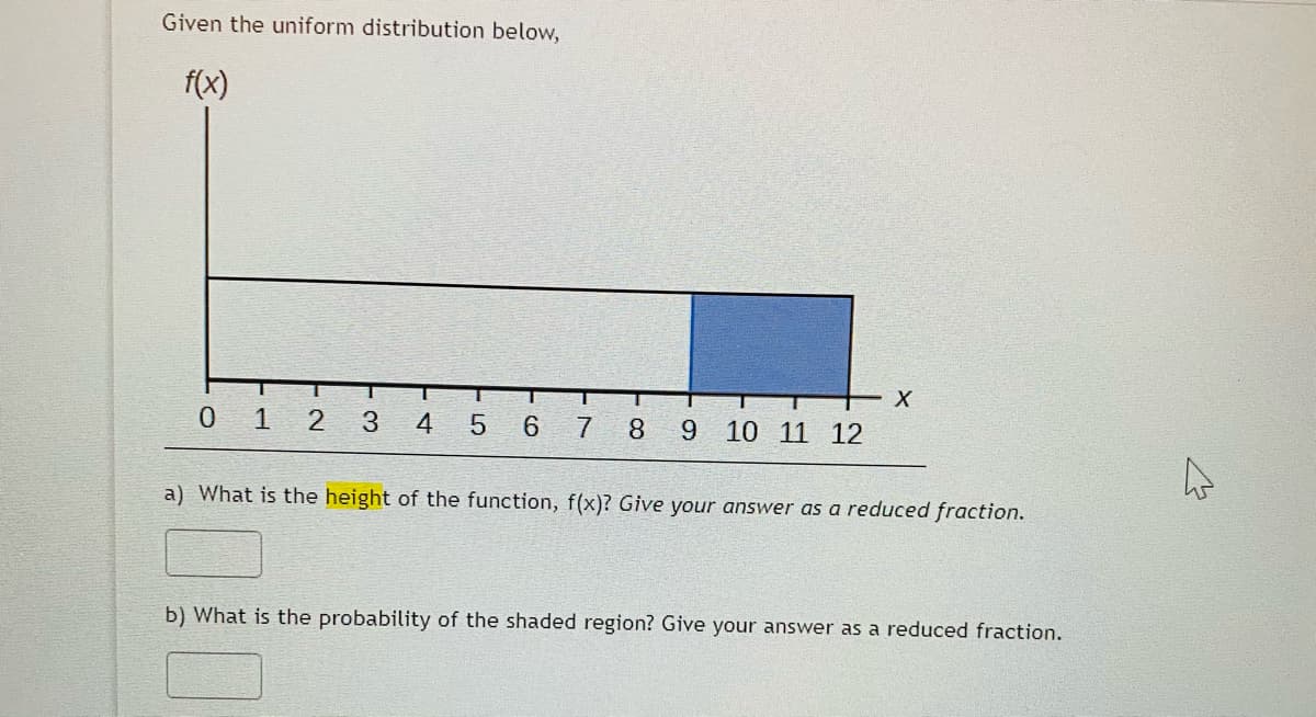 Given the uniform distribution below,
f(x)
0.
1
2
3
4
6.
8
9 10 11 12
a) What is the height of the function, f(x)? Give your answer as a reduced fraction.
b) What is the probability of the shaded region? Give your answer as a reduced fraction.
LO
