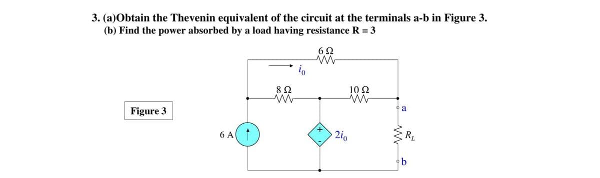 3. (a)Obtain the Thevenin equivalent of the circuit at the terminals a-b in Figure 3.
(b) Find the power absorbed by a load having resistance R = 3
8Ω
10 Ω
a
Figure 3
6 A
2i0
RL
b.
