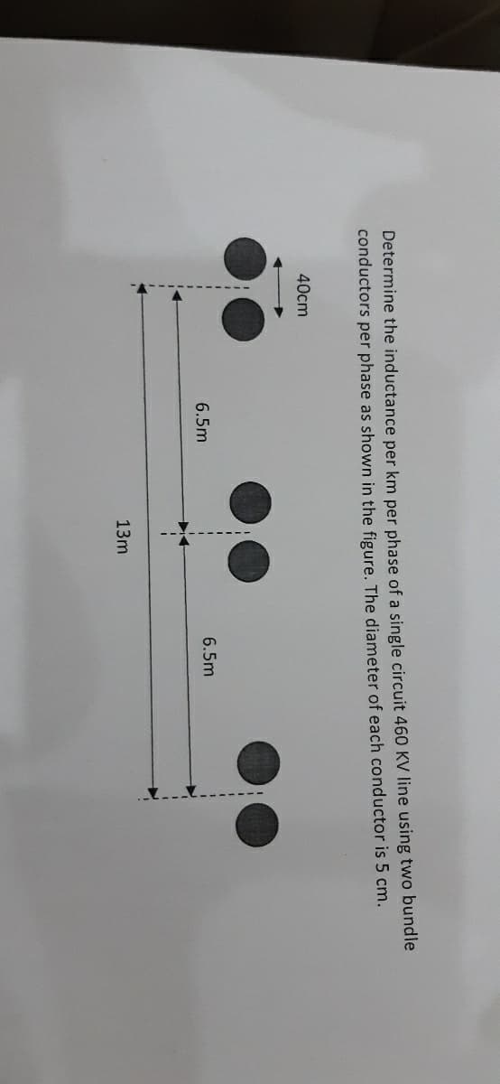 Determine the inductance per km per phase of a single circuit 460 KV line using two bundle
conductors per phase as shown in the figure. The diameter of each conductor is 5 cm.
40cm
6.5m
6.5m
13m
