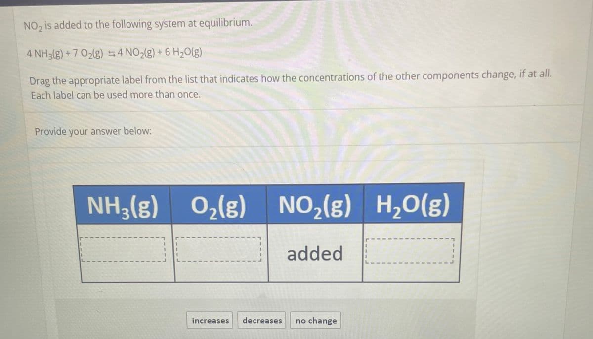 NO₂ is added to the following system at equilibrium.
4 NH3(g) + 7 0₂(g) 4 NO₂(g) + 6 H₂O(g)
Drag the appropriate label from the list that indicates how the concentrations of the other components change, if at all.
Each label can be used more than once.
Provide your answer below:
NH3(g) O₂(g)
NO₂(g) H₂O(g)
added
increases decreases no change