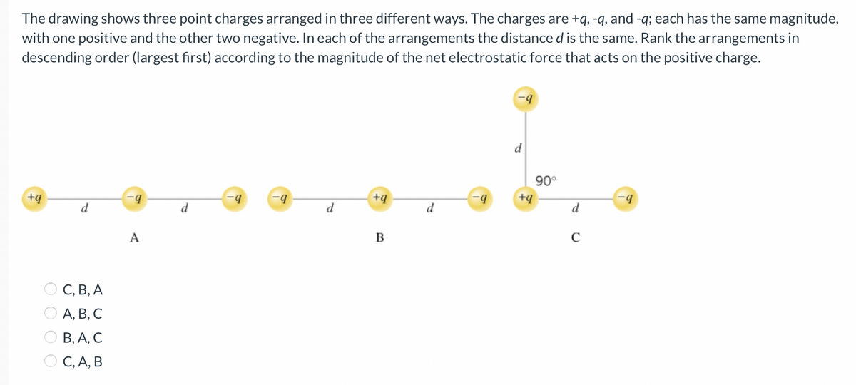 The drawing shows three point charges arranged in three different ways. The charges are +q, -q, and -q; each has the same magnitude,
with one positive and the other two negative. In each of the arrangements the distance d is the same. Rank the arrangements in
descending order (largest first) according to the magnitude of the net electrostatic force that acts on the positive charge.
+q
C, B, A
A, B, C
B, A, C
C, A, B
A
-9
9
d
+q
B
d
+q
90°
d
C