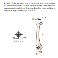 RI-S I the aus section of the femur at sectiona-a can
be approximated as a circular tube as shown, delermine the
maximum normal stres developed on the cross section at
section a-a due to the load of 375 N.
375 N
50m
24 minl
12 mm
Sctiona-

