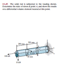 1342 The solid rod is subjectod to the lkading shown
Determine the state of stress at point A, and show the results
on a dilferentlal volume element located at this point.
20 mm
100 kN
10 kN

