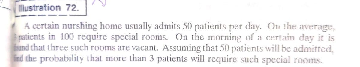 Illustration 72.
A certain nurshing home usually admits 50 patients per day. On the average,
3 patients in 100 require special rooms. On the morning of a certain day it is
found that three such rooms are vacant. Assuming that 50 patients will be admitted,
find the probability that more than 3 patients will require such special rooms.