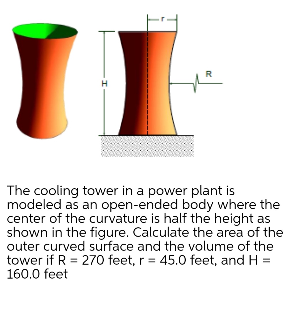 R
H
The cooling tower in a power plant is
modeled as an open-ended body where the
center of the curvature is half the height as
shown in the figure. Calculate the area of the
outer curved surface and the volume of the
tower if R = 270 feet, r = 45.0 feet, and H =
160.0 feet
%3D
