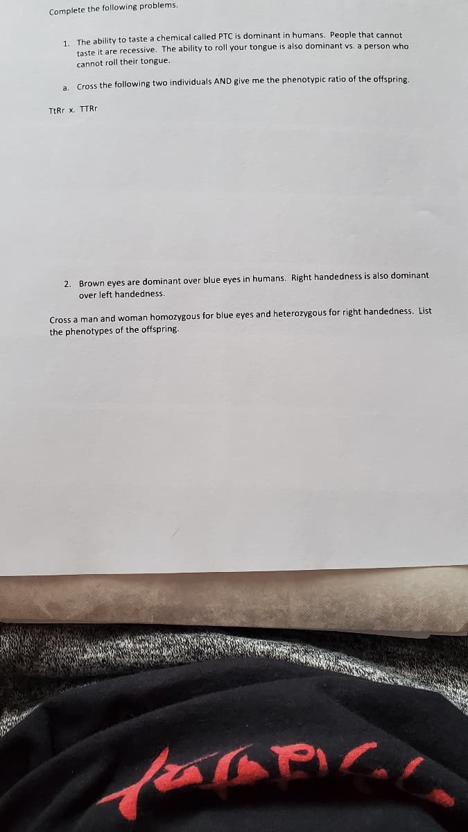 Complete the following problems.
The ability to taste a chemical called PTC is dominant in humans. People that cannot
taste it are recessive. The ability to roll your tongue is also dominant vs. a person who
cannot roll their tongue.
1.
Cross the following two individuals AND give me the phenotypic ratio of the offspring,
a
TtRr x. TTRr
2. Brown eyes are dominant over blue eyes in humans. Right handedness is also dominant
over left handedness
Cross a man and woman homozygous for blue eyes and heterozygous for right handedness. List
the phenotypes of the offspring.
