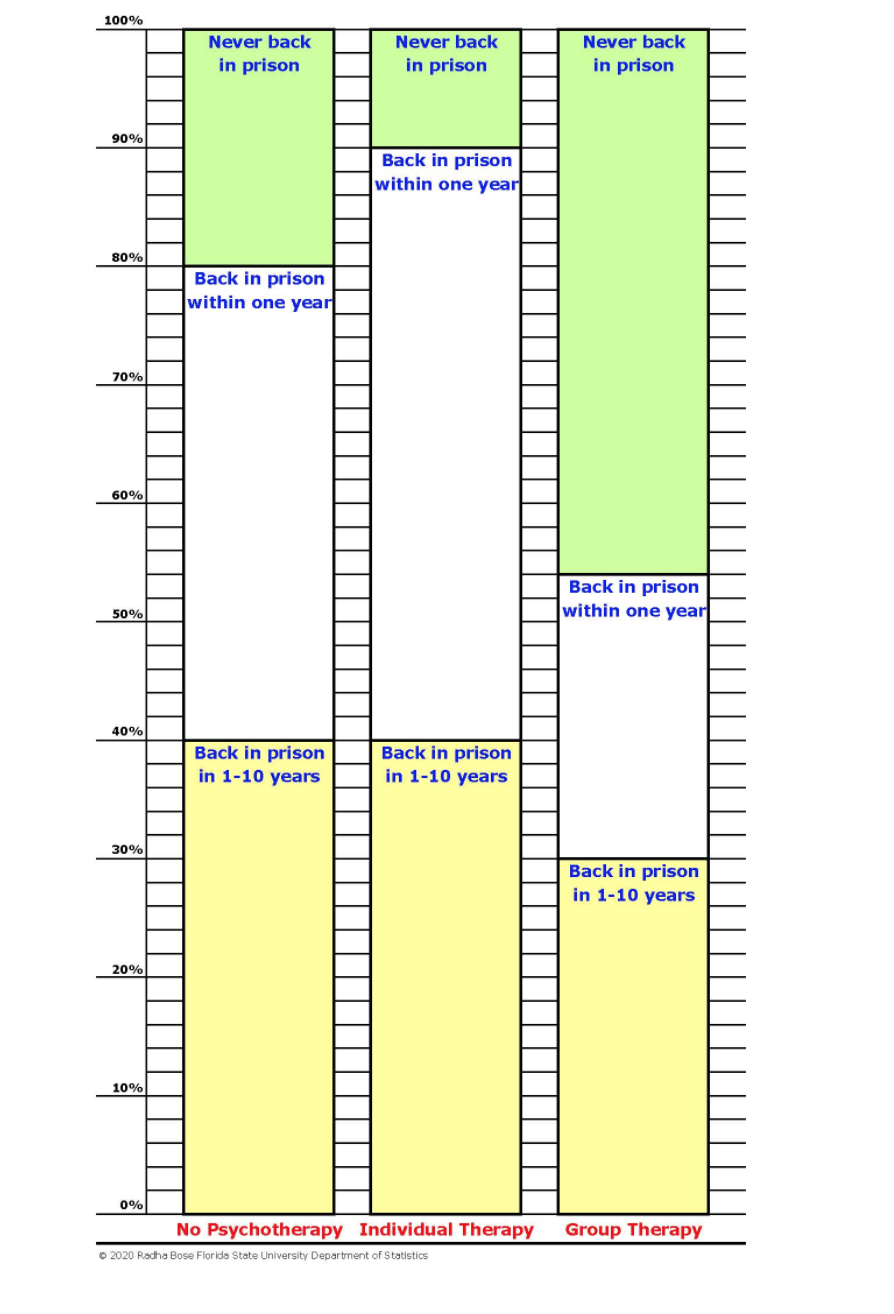 100%
Never back
Never back
Never back
in prison
in prison
in prison
90%
Back in prison
within one year
80%
Back in prison
within one year
70%
60%
Back in prison
within one year
50%
40%
Back in prison
in 1-10 years
Back in prison
in 1-10 years
30%
Back in prison
in 1-10 years
20%
10%
0%
No Psychotherapy Individual Therapy
Group Therapy
O 2020 Radha Bose Florida State University Department of Statistics
