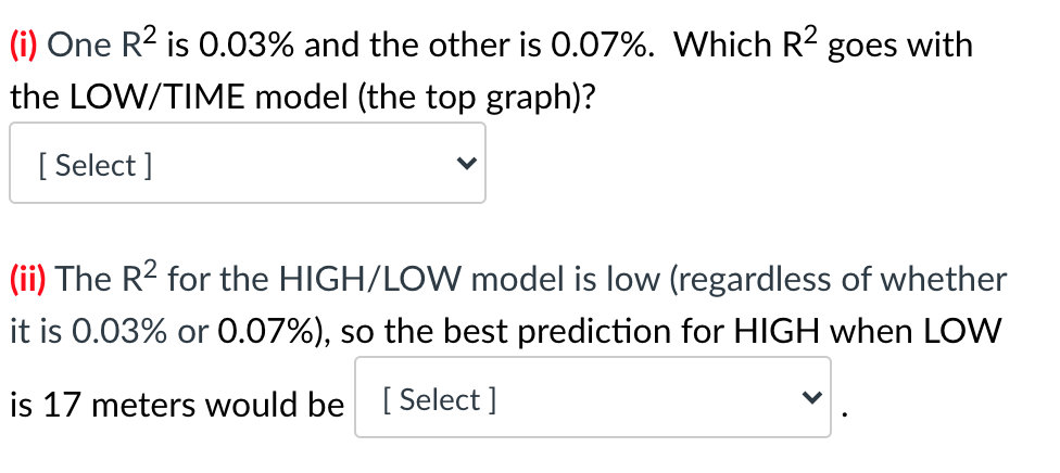 (i) One R2 is 0.03% and the other is 0.07%. Which R2 goes with
the LOW/TIME model (the top graph)?
[ Select ]
(ii) The R2 for the HIGH/LOW model is low (regardless of whether
it is 0.03% or 0.07%), so the best prediction for HIGH when LOW
is 17 meters would be [Select ]
