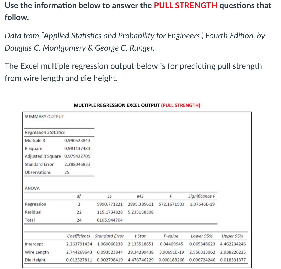 Use the information below to answer the PULL STRENGTH questions that
follow.
Data from "Applied Statistics and Probability for Engineers", Fourth Edition, by
Douglas C. Montgomery & George C. Runger.
The Excel multiple regression output below is for predicting pull strength
from wire length and die height.
MULTIPLE REGRESSION EXCEL OUTPUT (PULL STRENGTH)
SUMMARY OUTPUT
Regression Statistics
Multiple R
0.990523843
R Square
0.981137483
Adjusted R Square 0.979422709
Standard Error
2.288046833
Observations
25
ANOVA
df
S
MS
Significance F
Regression
5990.771221
2995.385611 572.1671503
1.07546E-19
Residual
22
115.1734828 5.235158308
Total
24
6105.944704
Coefficients Standard Error
t Stat
P-value
Lower 95%
Upper 95%
Intercept
2.263791434 1.060066238 2.135518851
0.04409945
0.065348623
4.462234246
Wire Length
2.744269643 0.093523844 29.34299438
3.90691E-19
2.550313062
2.938226225
Die Height
0.012527811 0.002798419 4.476746229 0.000188266
0.006724246 0.018331377
