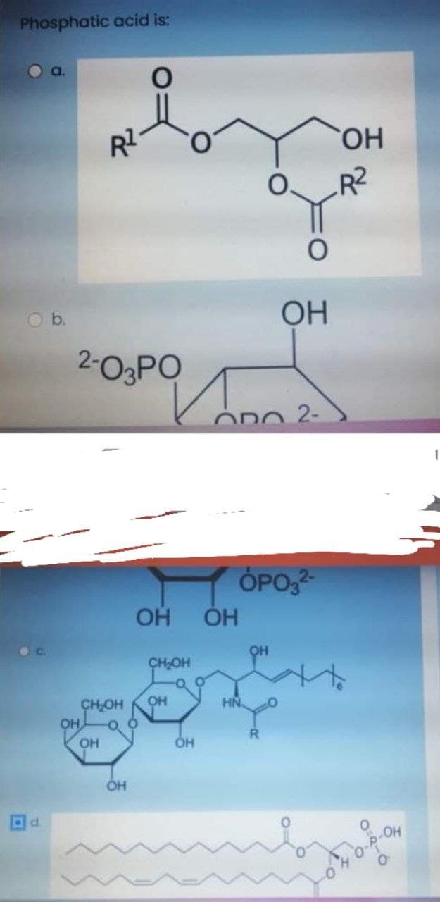 Phosphatic acid is:
a.
HO.
Ob.
OH
2-O3PO
ODO 2-
OPO,
OH
CHOH
OH
HN
CHOH
OH
OH
10
