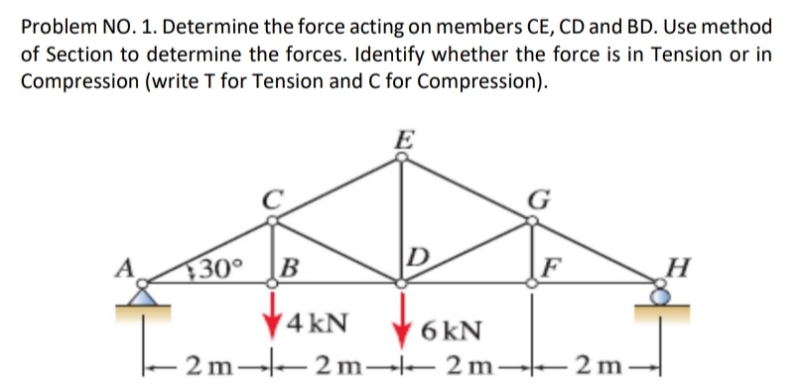 Problem NO. 1. Determine the force acting on members CE, CD and BD. Use method
of Section to determine the forces. Identify whether the force is in Tension or in
Compression (write T for Tension and C for Compression).
G
A
30°
B
F
V4 kN
2 m--2 m–– 2 m→
6 kN
2 m
