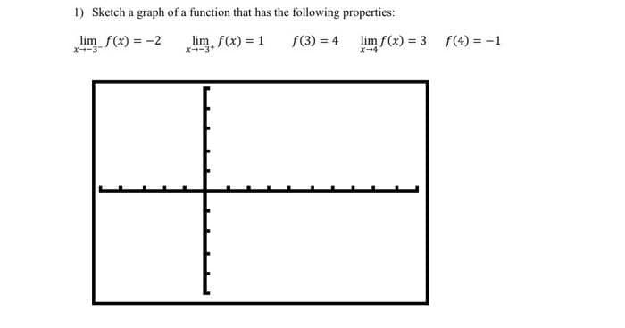 1) Sketch a graph of a function that has the following properties:
lim f(x) = -2
lim f(x) = 1
f(3) = 4
lim f(x) = 3 f(4) = -1
X-3
X--3+
X-4
