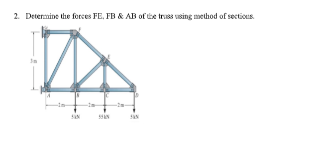 2. Determine the forces FE, FB & AB of the truss using method of sections.
3m
-2m
2m-
5 kN
55 kN
5kN
