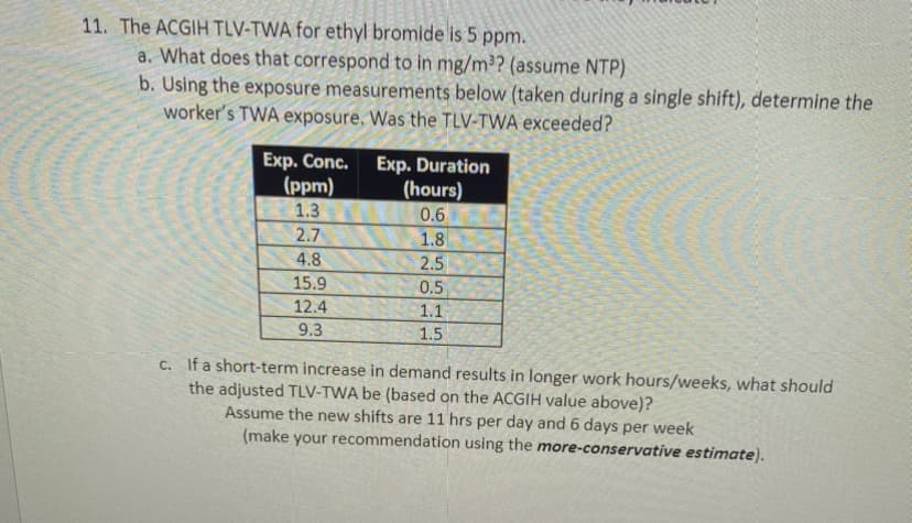 11. The ACGIH TLV-TWA for ethyl bromide is 5 ppm.
a. What does that correspond to in mg/m³? (assume NTP)
b. Using the exposure measurements below (taken during a single shift), determine the
worker's TWA exposure. Was the TLV-TWA exceeded?
Exp. Conc. Exp. Duration
(ppm)
1.3
2.7
4.8
15.9
12.4
9.3
(hours)
0.6
1.8
2.5
0.5
1.1
1.5
c. If a short-term increase in demand results in longer work hours/weeks, what should
the adjusted TLV-TWA be (based on the ACGIH value above)?
Assume the new shifts are 11 hrs per day and 6 days per week
(make your recommendation using the more-conservative estimate).