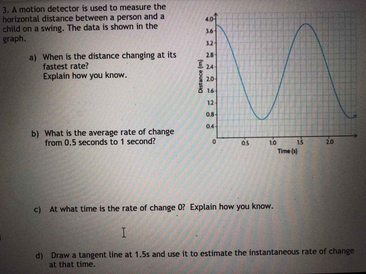 3. A motion detector is used to measure the
horizontal distance between a person and a
child on a swing. The data is shown in the
graph.
401
3.6-
3.2-
a) When is the distance changing at its
fastest rate?
Explain how you know.
2.8
E 24
2.0-
1.6-
12-
0.8-
0.4-
b) What is the average rate of change
from 0.5 seconds to 1 second?
0.5
1.0
15
2.0
Time (s)
c) At what time is the rate of change 0? Explain how you know.
d) Draw a tangent line at 1.5s and use it to estimate the instantaneous rate of change
at that time.
Distance (m)
