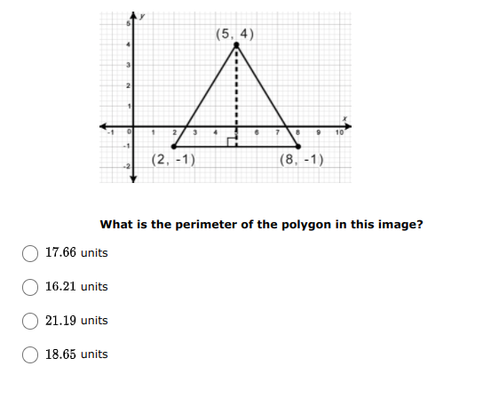 (5, 4)
(2, -1)
(8, -1)
What is the perimeter of the polygon in this image?
17.66 units
16.21 units
21.19 units
18.65 units
