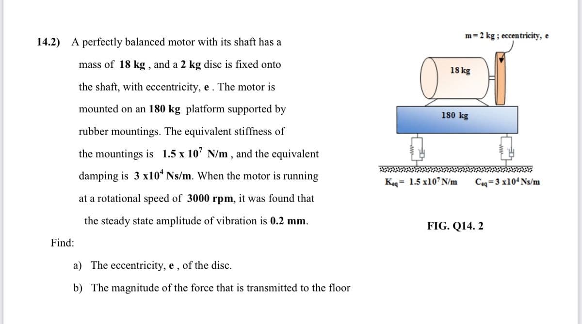 m=2 kg ; eccentricity, e
14.2) A perfectly balanced motor with its shaft has a
mass of 18 kg , and a 2 kg disc is fixed onto
18 kg
the shaft, with eccentricity, e. The motor is
mounted on an 180 kg platform supported by
180 kg
rubber mountings. The equivalent stiffness of
the mountings is 1.5 x 10' N/m , and the equivalent
damping is 3 x10* Ns/m. When the motor is running
Keg= 1.5 x107 N/m
Ceg =3 x104Ns/m
at a rotational speed of 3000 rpm, it was found that
the steady state amplitude of vibration is 0.2 mm.
FIG. Q14. 2
Find:
a) The eccentricity, e , of the disc.
b) The magnitude of the force that is transmitted to the floor
