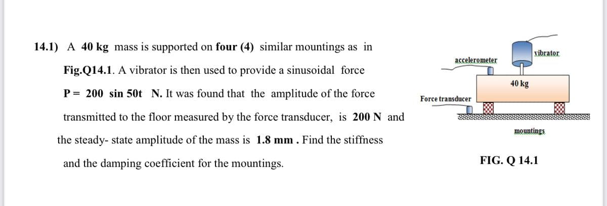 14.1) A 40 kg mass is supported on four (4) similar mountings as in
vibrator
accelerometer
Fig.Q14.1. A vibrator is then used to provide a sinusoidal force
40 kg
P= 200 sin 50t N. It was found that the amplitude of the force
Force transducer
transmitted to the floor measured by the force transducer, is 200 N and
mountings
the steady- state amplitude of the mass is 1.8 mm . Find the stiffness
and the damping coefficient for the mountings.
FIG. Q 14.1
