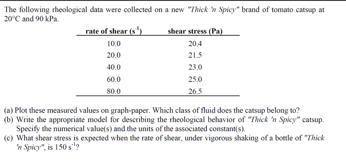 The following rheological data were collected on a new "Thick 'n Spicy" brand of tomato catsup at
20°C and 90 kPa.
rate of shear (s')
shear stress (Pa)
10.0
20.4
20.0
21.5
40.0
23.0
60.0
25.0
80.0
26.5
(a) Plot these measured values on graph-paper. Which class of fluid does the catsup belong to?
(b) Write the appropriate model for describing the rheological behavior of "Thick 'n Spicy" catsup.
Specify the numerical value(s) and the units of the associated constant(s).
(c) What shear stress is expected when the rate of shear, under vigorous shaking of a bottle of "Thick
'n Spicy", is 150 s?
