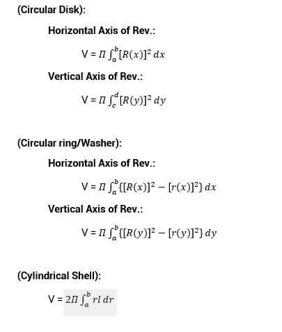(Circular Disk):
Horizontal Axis of Rev.:
V = II [R(x)]² dx
Vertical Axis of Rev.:
V = II J [R(y)]² dy
Horizontal Axis of Rev.:
Vertical Axis of Rev.:
(Circular ring/Washer):
V = 1 {[R(x)]²[r(x)}²} dx
V = 1 {[R(y)]²[r(y)]²} dy
(Cylindrical Shell):
V = 211 frl dr