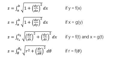 (dy
s = f1
dx
dx
-b
S=
√√√1 + dx
dx
dy
2
S
-t₂
Jt₁
(d)² + (dr) ² dx
dt
dt
2
s = 50²
r² + + (ar) ² do
de
1+
if y = f(x)
if x = g(y)
if y = f(t) and x = g(t)
if r = f(0)