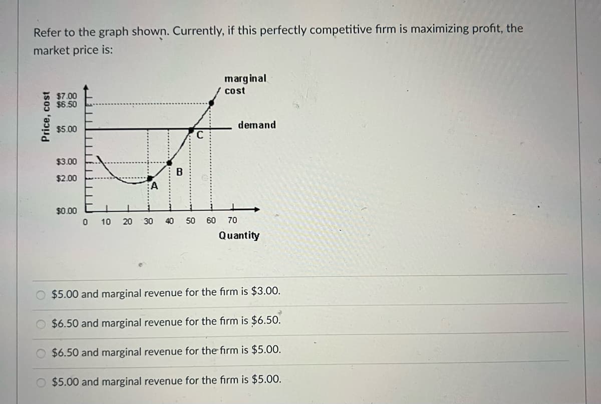 Refer to the graph shown. Currently, if this perfectly competitive firm is maximizing profit, the
market price is:
marginal
cost
$7.00
$6.50
demand
$5.00
$3.00
B
$2.00
$0.00
10
30
40
50
60
70
Quantity
$5.00 and marginal revenue for the firm is $3.00.
O $6.50 and marginal revenue for the firm is $6.50.
O $6.50 and marginal revenue for the firm is $5.00.
$5.00 and marginal revenue for the firm is $5.00.
Price, cost
20
