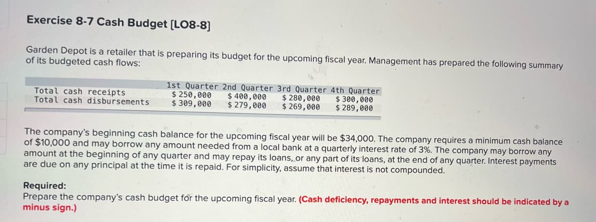 Exercise 8-7 Cash Budget [LO8-8]
Garden Depot is a retailer that is preparing its budget for the upcoming fiscal year. Management has prepared the following summary
of its budgeted cash flows:
Total cash receipts
Total cash disbursements
1st Quarter 2nd Quarter 3rd Quarter 4th Quarter
$ 400,000
$ 279,000
$ 250,000
$ 309,000
$ 280,000
$ 269,000
$ 300,000
$ 289,000
The company's beginning cash balance for the upcoming fiscal year will be $34,000. The company requires a minimum cash balance
of $10,000 and may borrow any amount needed from a local bank at a quarterly interest rate of 3%. The company may borrow any
amount at the beginning of any quarter and may repay its loans, or any part of its loans, at the end of any quarter. Interest payments
are due on any principal at the time it is repaid. For simplicity, assume that interest is not compounded.
Required:
Prepare the company's cash budget for the upcoming fiscal year. (Cash deficiency, repayments and interest should be indicated by a
minus sign.)
