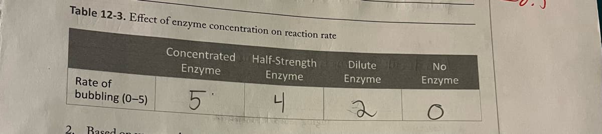 Table 12-3. Effect of enzyme concentration on reaction rate
Concentrated Half-Strength
Enzyme
Enzyme
5
4
Rate of
bubbling (0-5)
2. Based on:
Dilute No
Enzyme
2
Enzyme
O