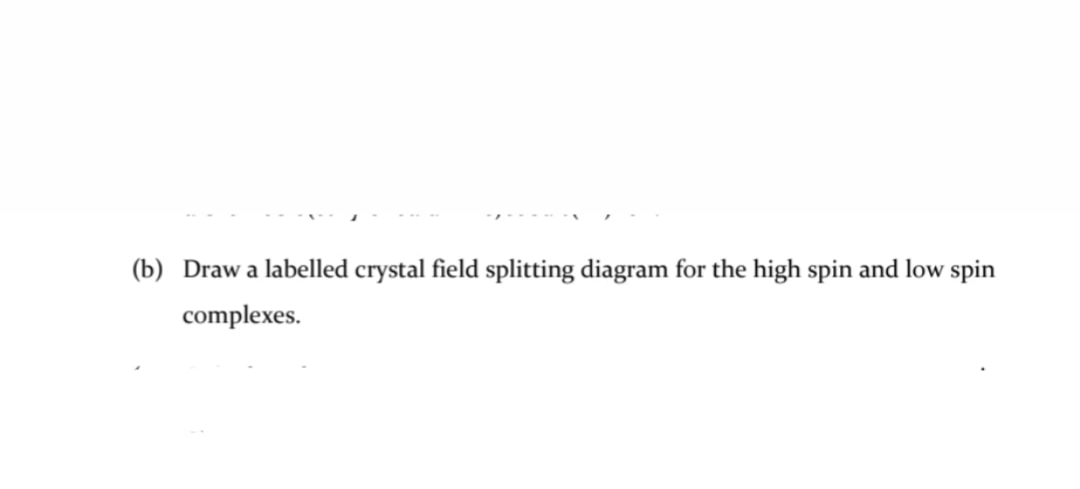 Draw a labelled crystal field splitting diagram for the high spin and low spin
complexes.
