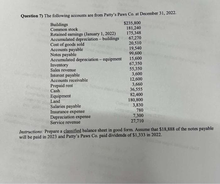 Question 7) The following accounts are from Patty's Paws Co. at December 31, 2022.
Buildings
Common stock
$235,800
181,240
175,348
67,270
20,510
19,540
99,600
15,600
67,350
55,350
3,600
12,600
Retained earnings (January 1, 2022)
Accumulated depreciation - buildings
Cost of goods sold
Accounts payable
Notes payable
Accumulated depreciation - equipment
Inventory
Sales revenue
Interest payable
Accounts receivable
Prepaid rent
Cash
Equipment
Land
Salaries payable
Insurance expense
Depreciation expense
Service revenue
3,660
36,555
82,400
180,800
3,830
780
7,300
27,710
Instructions: Prepare a classified balance sheet in good form. Assume that $18,888 of the notes payable
will be paid in 2023 and Patty's Paws Co. paid dividends of $1,333 in 2022.