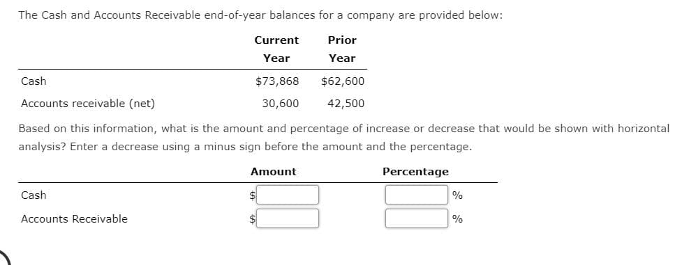 Based on this information, what is the amount and percentage of increase or decrease that would be shown with horizontal
analysis? Enter a decrease using a minus sign before the amount and the percentage.
Amount
Percentage
Cash
Accounts Receivable
$
