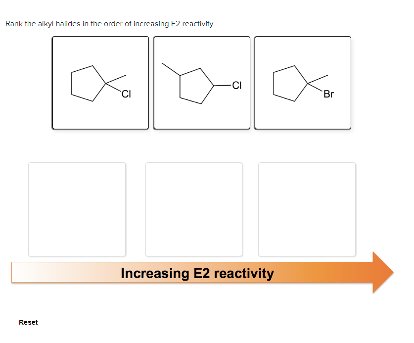 Rank the alkyl halides in the order of increasing E2 reactivity.
Reset
CI
CI
Increasing E2 reactivity
Br