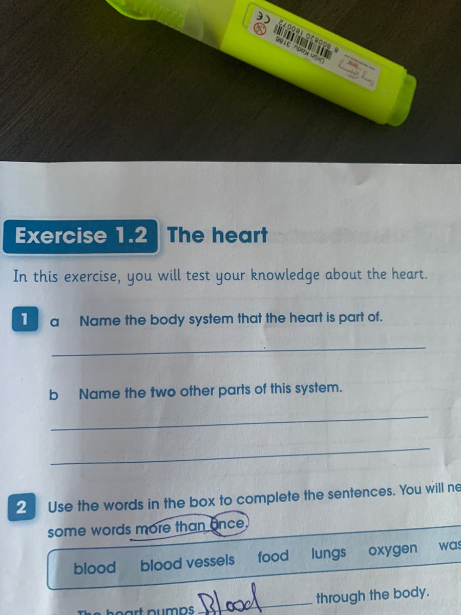 ZLO081 OZ8008 a
Urün Kodu: 3186
Exercise 1.2 The heart
In this exercise, you will test your knowledge about the heart.
1
Name the body system that the heart is part of.
a
b
Name the two other parts of this system.
Use the words in the box to complete the sentences. You will ne
some words more than ộnce
blood
blood vessels
food
lungs
oxygen
was
Blood
Tho hoart pumps
through the body.
