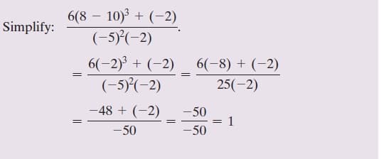 6(8 – 10) + (-2)
(-5)°(-2)
Simplify:
6(-2)3 + (-2)
(-5)(-2)
6(-8) + (-2)
25(-2)
-48 + (-2)
-50
1
-50
%3D
-50
