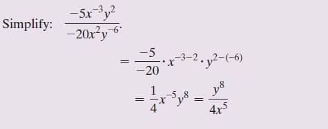 -5x3y?
-20x?y
-3,,2
Simplify:
2..-6
-5
-3–2. v2-(-6)
-20
1
4x5
